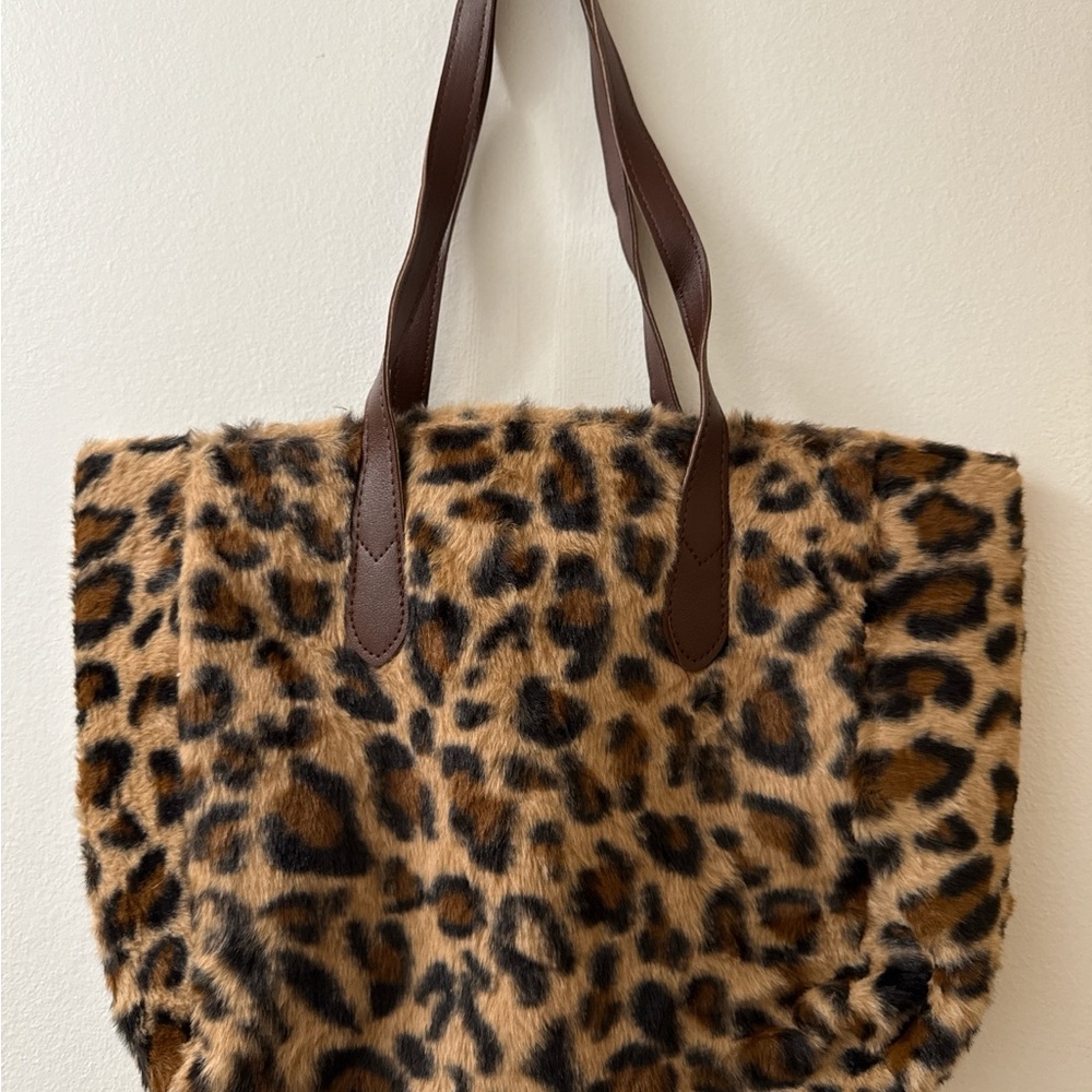 Fur Leopard Print Tote Bag with Brown Straps